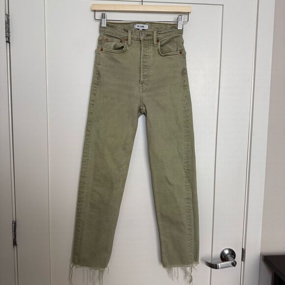 Re/Done Jeans Womens Sz 23 Sage Green 70s Ultra High Rise Stove Pipe Raw Hem - Picture 1 of 13